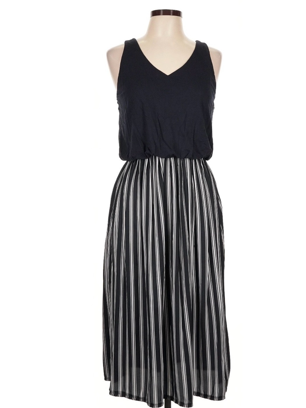 LOFT Black V-Neck Sleeveless Maxi Dress with Striped Skirt